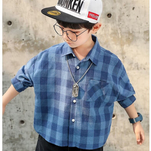 Weiman Fawn Children's Clothing Men's Children's Shirts Boys' Spring and Autumn Plaid Lapel Cardigan Jacket Tops Medium and Large Children's Shirts 208 Blue 120 Recommended height is about 110 cm