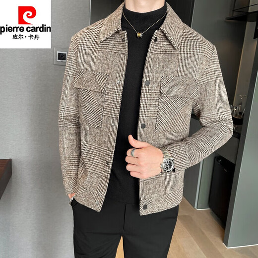 Pierre Cardin Men's Woolen Jacket 2026 New Trendy Short Jacket Top Handsome and Versatile Autumn and Winter Woolen Coat Navy Plaid L 110-125Jin Jin is equal to 0.5 kg