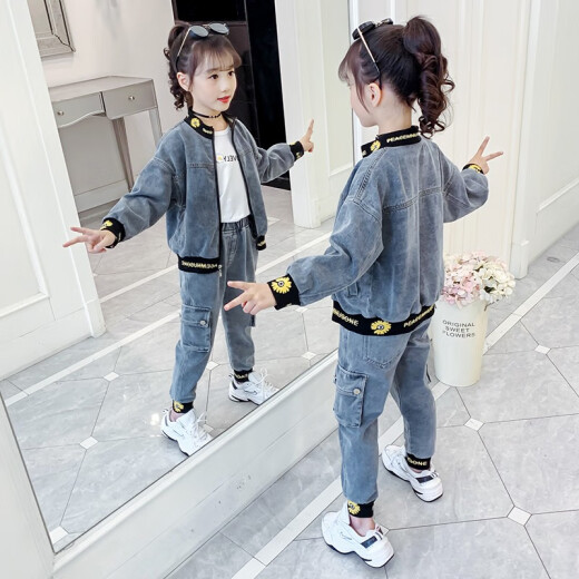 Future partner children's clothing girls' suit 2021 spring new children's denim suit girls' long-sleeved clothes and pants two-piece set Korean version trendy gray size 130 recommended height around 120cm