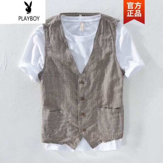 New light luxury playboy flagship official store summer casual linen vest men's thin slim fit business linen striped vest sleeveless cotton and linen vest coffee L