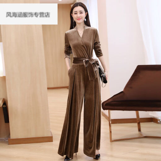 Light luxury high-end quality jumpsuit wide-leg pants slim fit Korean version 2020 autumn jumpsuit temperament V-neck gold velvet jumpsuit khaki L