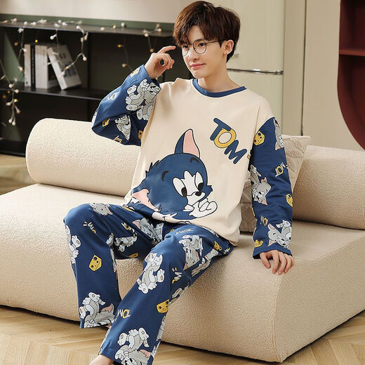 LangSha Youth Pajamas Men's Cartoon Long Sleeve Suit Spring and Autumn Thin Junior High School Students and High School Students Dormitory Home Clothes A Long Sleeve Men 1283 SpongeBob SquarePants. XL Standard (120-140 Jin Jin equals 0.5 kg)