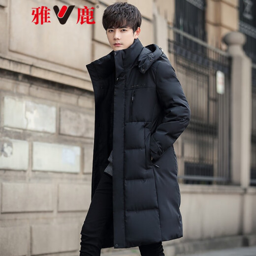 Yalu down jacket men's mid-length over the knee new style removable hat men's black business thickened jacket LC black 170/M