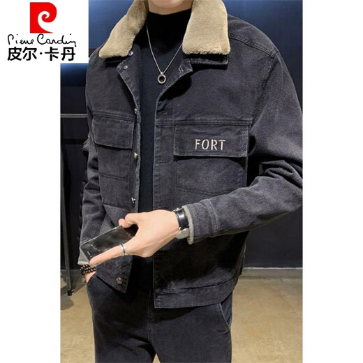Pierre Cardin denim jacket men's winter velvet thickened Korean version trendy all-match work jacket men's clothing 8136 black XL