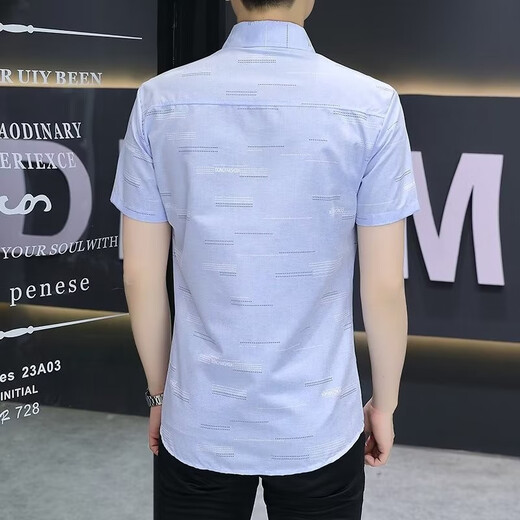 XUANLAIYA men's short-sleeved shirt jacket summer large size half-sleeved solid color casual slim Korean style trendy youth shirt men 826 blue XL