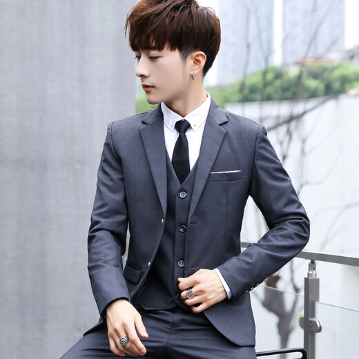 Zhehan Teenage High School Adult Dress Suit Boy Wedding Suit Three-piece College Student Interview Formal Wear Black Suit+Pants+Tie XL 31 Suitable for 122-127 Jin Jin equals 0.5 kg