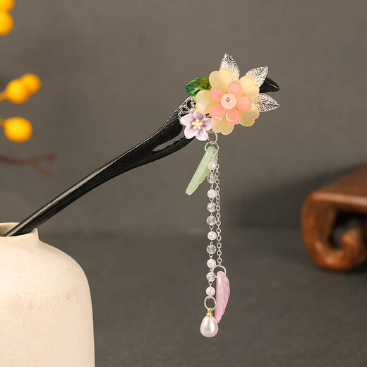 Mr. Ouyang's hairpin accessories, antique sandalwood tassel headdress, hairpin, Hanfu hair accessories, wooden hairpin hairpin, peach blossom leaves