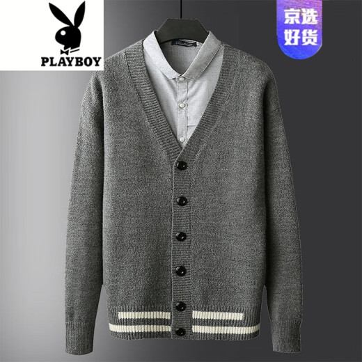 Playboy Brand Official Store 2020 Men's Spring and Autumn Knitted Cardigan Sweater Men's Korean Style Trendy Casual Japanese Jacket Sweater Youth Outerwear 8858 Dark Gray XL