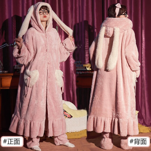 Jealous pajamas for women, autumn and winter pajamas, flannel long-sleeved Korean version, cute, sweet, casual and comfortable, can be worn outside, cartoon home clothes, pajamas, pink long-eared rabbit (with pants) M