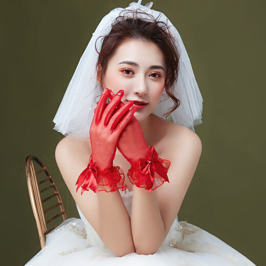 Yingyuanfang Bridal Gloves Wedding Dress Red Gloves Short Wedding Gloves White Red Dress Cheongsam Xiuhe Clothes Gloves White Mesh Small Bow Ribbon