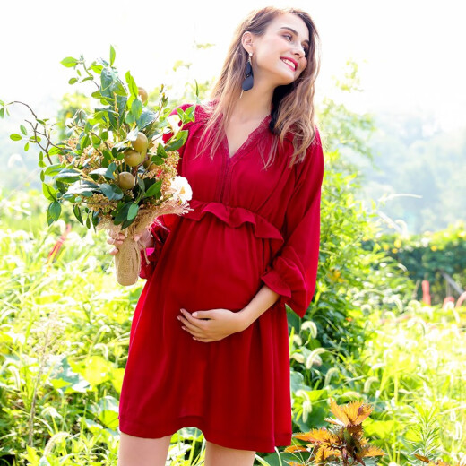 October Famous Clothing Maternity Dress Autumn Fashion Mid-Length Spring and Summer Skirt Red Sexy V-Neck Trendy Mom Spring and Autumn Maternity Clothing Burgundy M