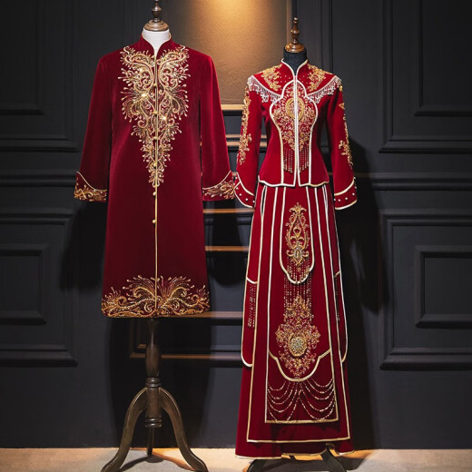 ZEIMSSMM Xiuhe Clothing Bridal New Gold Velvet Couple Model Chinese Wedding Dress Ancient Costume Cheongsam 052 Velvet Women 2XL