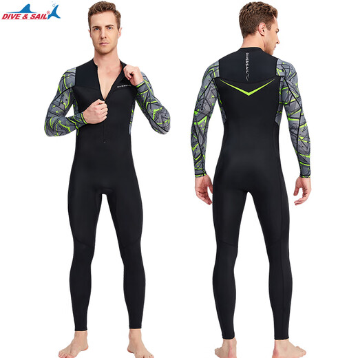 DIVE SAIL professional diving suit men's one-piece sun protection quick-drying long-sleeved long pants snorkeling diver surfing beach swimsuit black floral sleeves (front zipper) D030070M XL