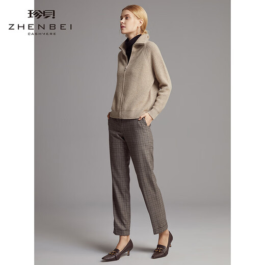 Zhenbei Pure Cashmere Sweater Women's Autumn and Winter New Thick Zipper Cardigan Warm Knitted Jacket Simple TM8166 Camel XL (110 Size)