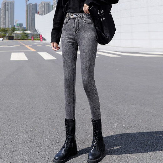 100-yuan trousers plus velvet jeans for women, high-waisted, stretchy, slim, winter fashion, versatile pencil pencil pants for women, cigarette ash 28 recommendations (100-110Jin [Jin equals 0.5 kg])