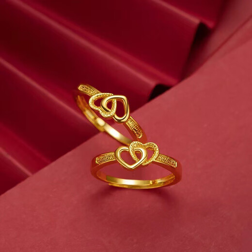 Dongzhitiandi imitation Vietnamese sand gold ancient ring for women, simulated fake gold ring opening, adjustable engagement wedding pose props, double heart open ring, 1 single ring box