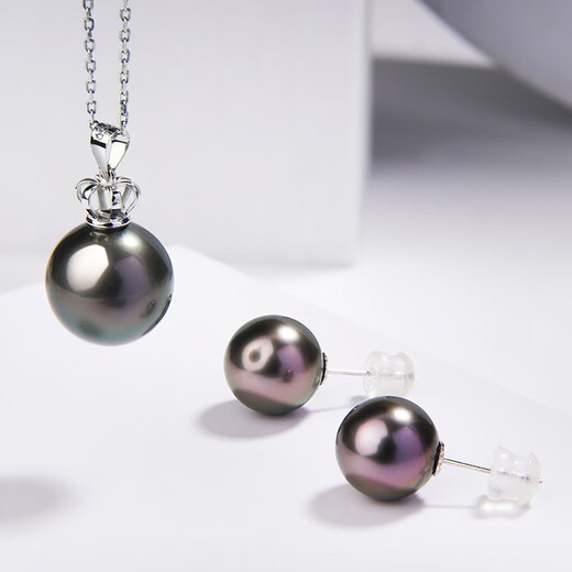 Tahiti Crowns Love 18K Gold Black Pearl Pendant Women's Round Highlight Seawater Pearl Necklace S Grade 9-10mm +925 Silver Chain