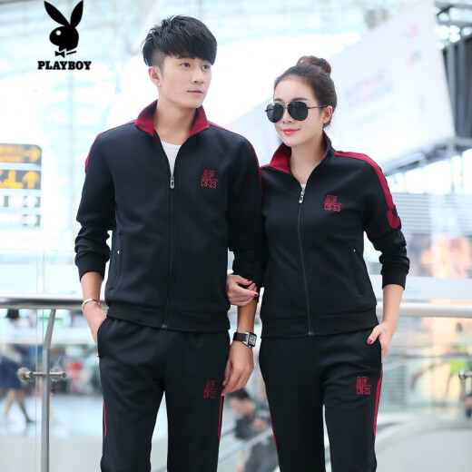 Playboy (PLAYBOY) suit men's spring and autumn couple's wear long-sleeved trousers youth casual wear cardigan sweatshirt women's trendy black 3XL/female