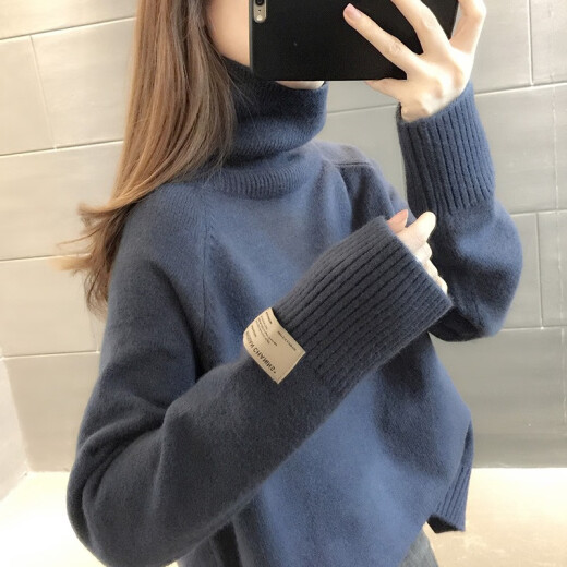 Mu Chuntang Turtleneck Sweater Women's Velvet Thickened Outerwear Autumn and Winter Clothing 2020 New Korean Style Student Bottoming Sweater Loose Long-Sleeved Top Pullover Bottoming Shirt Women's Trendy Dark Blue Regular M