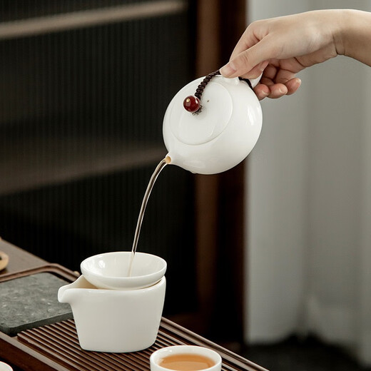 Gold inlaid jade Kung Fu tea set, mutton fat jade porcelain teapot, white porcelain ceramic tea cup, tea making set, gift box, Hibiscus Xishi tea set