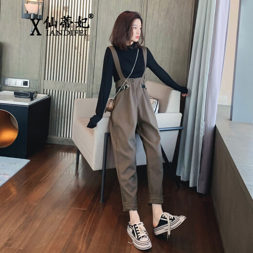 Xanti Fei fashion overalls suit for women 2021 spring and autumn new Korean style long-sleeved tops high-waisted and slim casual suspender jumpsuits small and fashionable age-reducing two-piece trendy black tops + coffee-colored overalls S