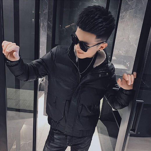 Jason's thickened warm leather cotton coat men's winter trendy lamb fur collar slim cotton leather jacket men's handsome cotton jacket A368-PM9816 black (single jacket) M (95-110Jin Jin is equal to 0.5 kg)