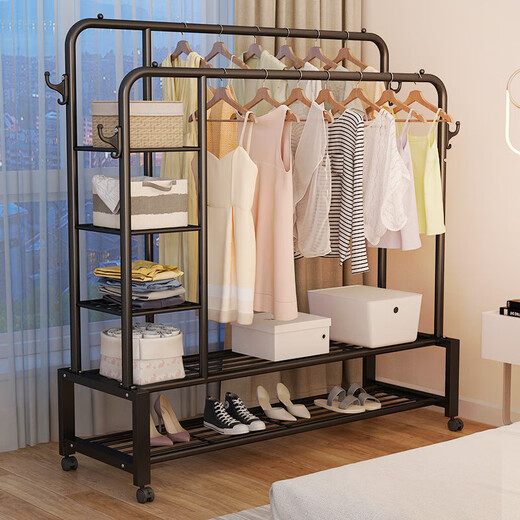 Wooden bottle multifunctional clothes rack floor-standing bedroom simple clothes drying rod for drying clothes storage clothes rack indoor coat rack (150cm white) double pole double layer net + side net with wheels large