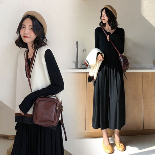 Maternity wear autumn suit fashionable 2020 trendy autumn clothing European and American style trendy mom dress long-sleeved autumn and winter vest + skirt (suit) M