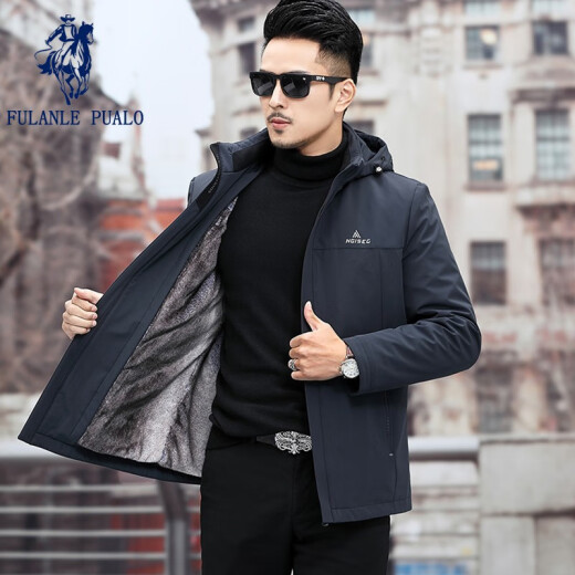 Paul (FULANLEPAULO) business style overcoat men's Haining fur short coat nano rabbit velvet liner hooded thickened warm casual men's winter jacket dark blue 180/xL