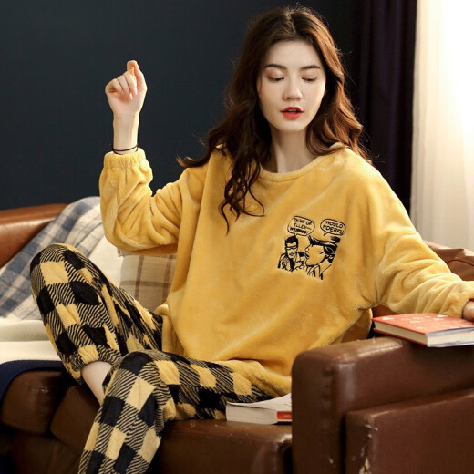 Lianwei Pajamas for Women Spring, Autumn and Winter Coral Velvet Thickened Warm Long Sleeves Round Neck Cute Korean Style Internet Celebrity Large Size Can Be Weared Outside Home Clothes Set Small Yellow Duck Down L Size (Weight 100-120Jin [Jin is equal to 0.5 kg])