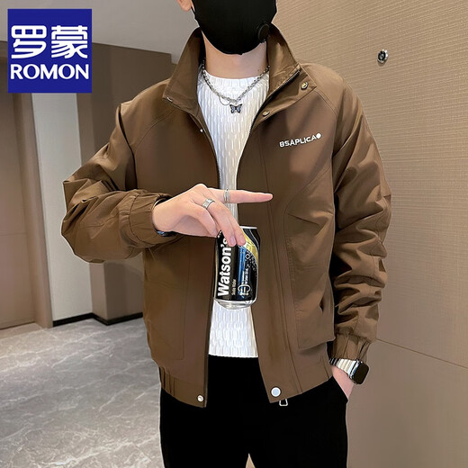 ROMON high-end workwear jacket men's autumn and winter trendy brand handsome embroidered jacket men's new velvet top men's coffee color regular L recommended 115-130Jin Jin equals 0.5 kg