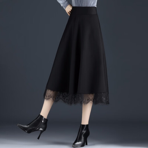 Yalu Free and Easy Skirt Women's Lace Edge Autumn and Winter Long Skirt High Waist Drape Pleated A-line Skirt Mid-Length Skirt Women WWY20800 Black L