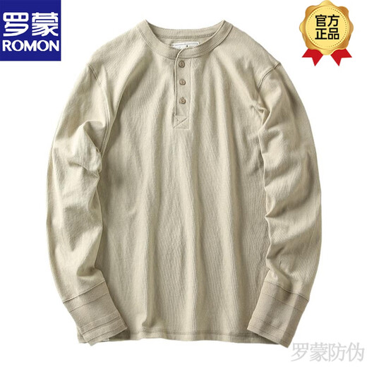 ROMON Spring and Autumn New American Casual Henley Shirt Men's Retro Simple Versatile Solid Color Daily Long Sleeve T-shirt Basement Gray XL