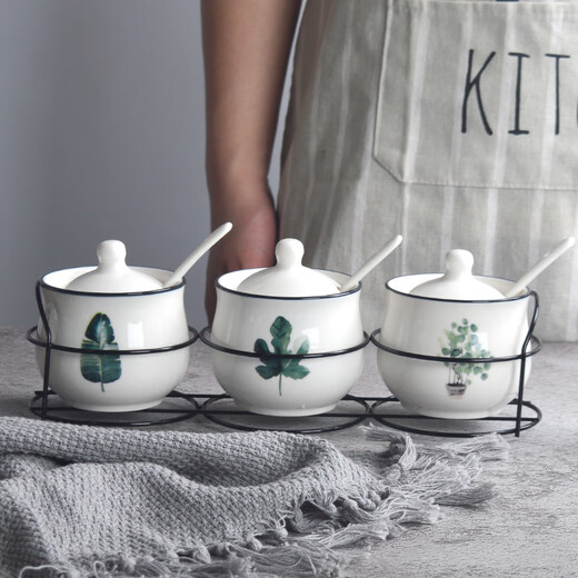 Molin Ceramic Seasoning Jar Seasoning Box 4 Set Kitchen Supplies Household Seasoning Bottle 3-piece Set Salt Shaker MSG Chili Single Green Leaf Three-piece Set (with Stand)