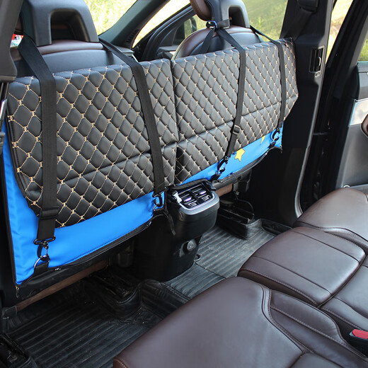 Car rear seat folding bed, car rear sleeping mat, children's car travel mattress, stroller sleeping device, double-sided standard model, French classic leather black/blue fat