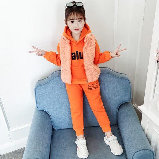 Nojia Weiqi Children's Clothing Girls Suit Autumn and Winter New Children's Velvet Thickened Sweater Pants Medium and Large Children's Clothes Girls Three-piece Set Orange 150 Size Recommended Height Around 140CM