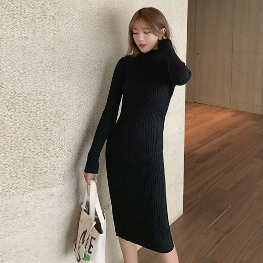 XuanNi half turtleneck bottoming knitted sweater dress simple solid color chic slim fit slit long sleeve mid-length a-line skirt XNMX1093 black one size fits all