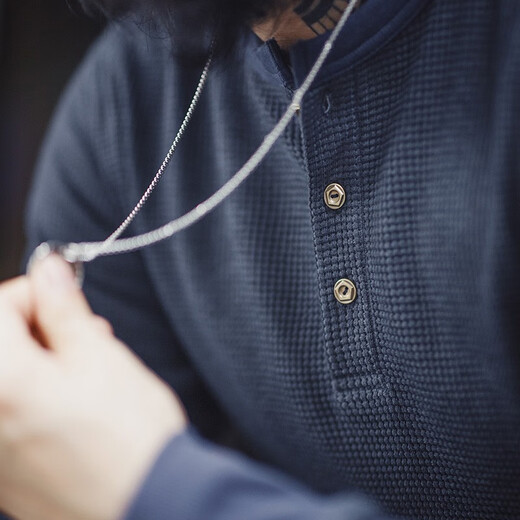 Madden Workwear American Retro Waffle Knitted Henley Shirt Slim Fit American Khaki Solid Color Long Sleeve T-Shirt Men's Autumn Navy (Sizes are too small, it is recommended to go up one size) 2XL