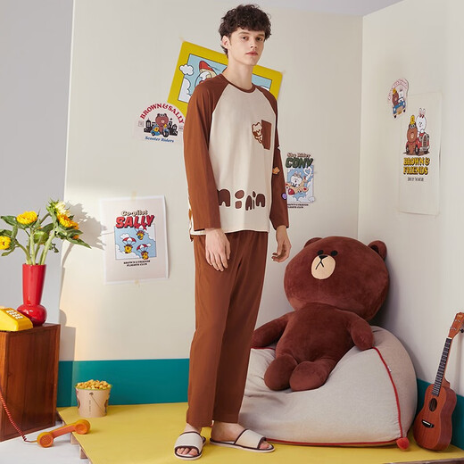 Fenton Couple Pajamas Women's Quarter Long Sleeve New Pure Cotton Brown Bear Joint Round Neck Homewear Set Apricot (Male) 2XL