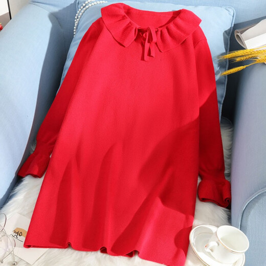 Hanmo Dress Autumn and Winter Loose Sweater Knitted Long Skirt Doll Collar Bottoming Skirt Large Size Women's Knitted Bottoming Shirt Fat MM Slim Sweater Dress HM1001 Red One Size