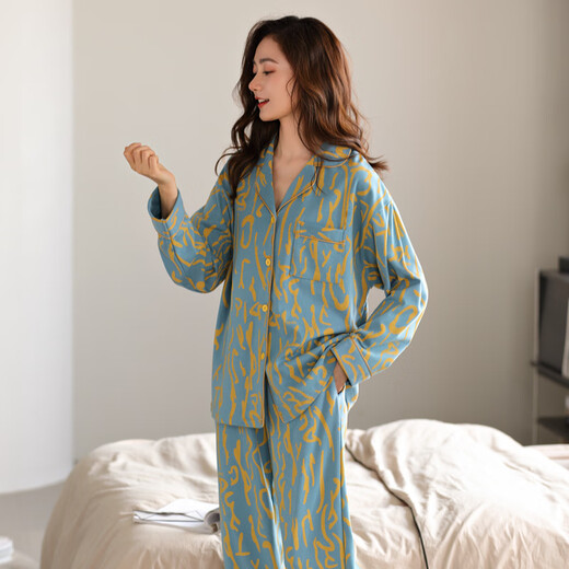 三枪睡衣女春秋季纯棉长袖时尚家居服秋天可外穿甜美时尚休闲全棉套装 9227# 2XL 女(建议140-160斤)