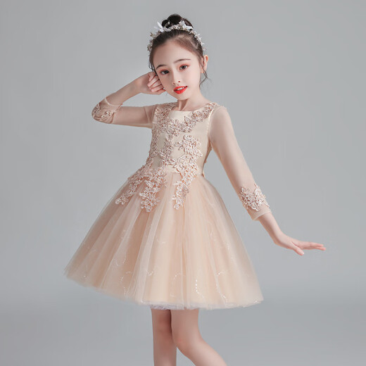 Shengxian Girls Dress Wedding Dress Puffy Mesh Princess Dress Medium and Large Children's Clothes Girls Birthday Dress Long Sleeve Pink 140cm