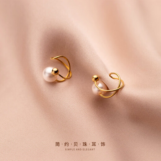 Djin French double circle pearl ear clip S925 silver pearl pierced ear clip ear bone clip birthday goddess day gift earrings double circle pearl ear clip gold