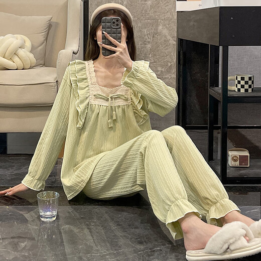 Pyjamas Xiangyaxin pour femmes 2024 Nouveau Jacquard Cotton Spring and Automne Sweet Princess Lace Lace Long Manches Automne et hiver peuvent être portés à l'extérieur des vêtements à domicile 9904 Gray-Blue XL Code 120-130Jin [Jin est égal à 0,5 kg]