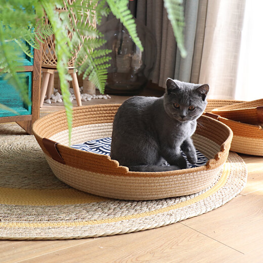 Han Chang winter Internet celebrity rattan cat nest four-season universal nest Japanese woven cotton pad warm pet sleeping doghouse cat paw board brown model naked nest S-small