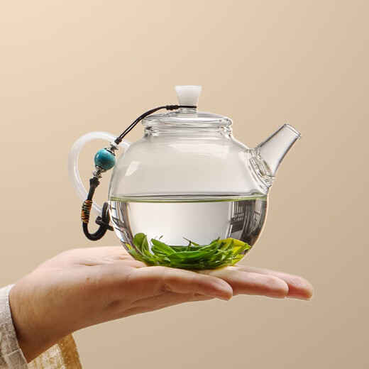Gaoming (gaoming) small teapot for one person, special tea brewing device for green tea, small capacity transparent glass Kung Fu tea single pot, hand-held tea set, 255ml celestial ball teapot + turquoise teapot rope
