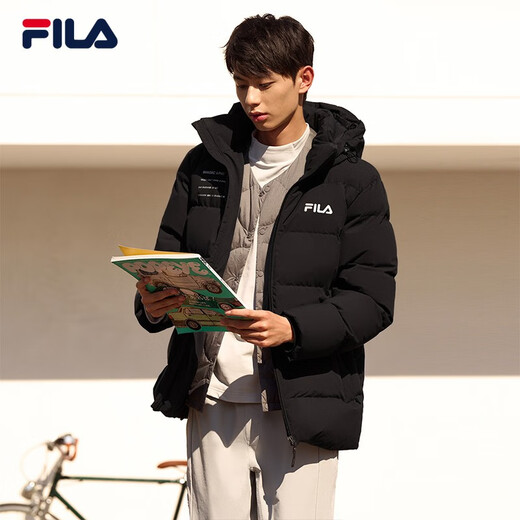 FILA Down Jacket Men's Winter Warm Hooded Sports Casual Long Sleeve Thickened Jacket Cardigan Men's Top True Black-BK XL 180/100A