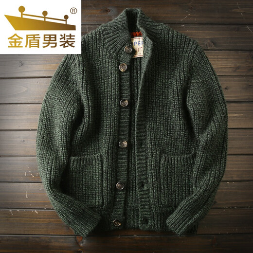 Golden Shield Wool Cardigan Italian Station Men's Autumn and Winter Thickened Knitted Sweater Jacket Green L (145-165Jin Jin equals 0.5kg)