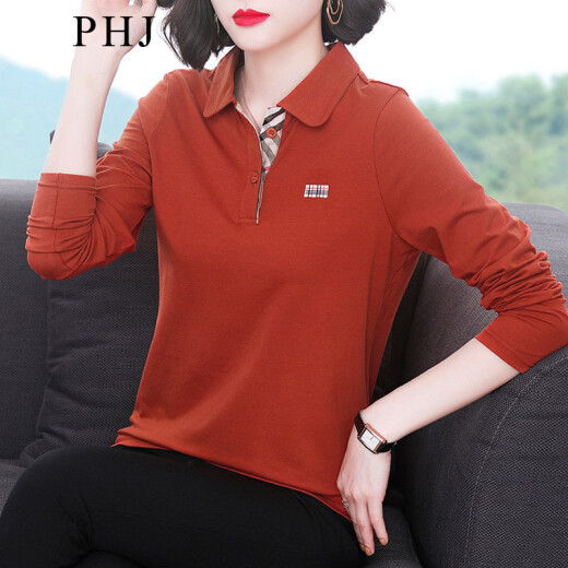 PHJ long-sleeved T-shirt women's autumn new style middle-aged loose slimming age-reducing polo shirt casual versatile lapel top caramel color XL