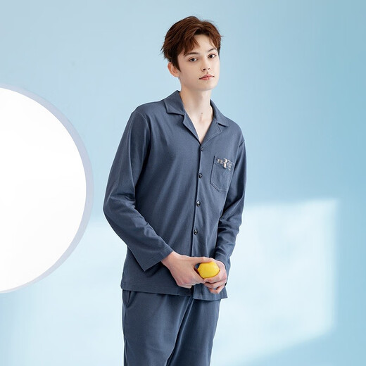 Fenton Pajamas Pure Cotton Season Casual Simple Can Be Weared Cardigan Long Sleeve Home Clothes Set Dark Gray Blue (Male) 2XL